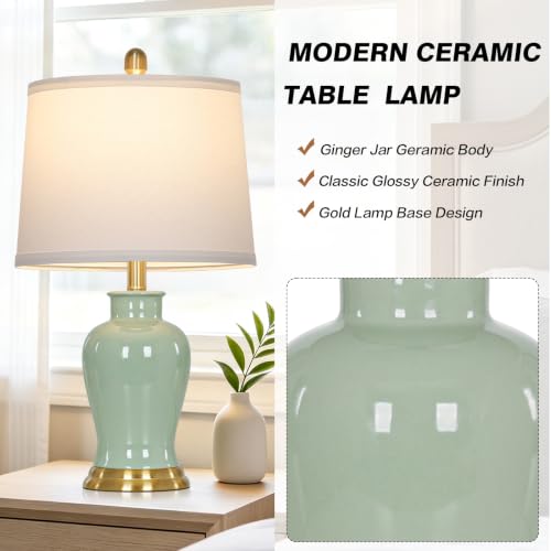 Green Ceramic Lamps Set of 2, Bedroom Lamp with Ginger Jar Design - color: Green