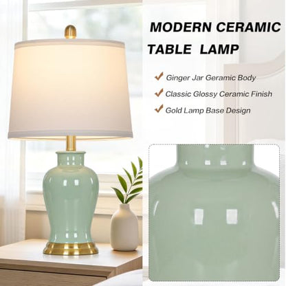 Green Ceramic Lamps Set of 2, Bedroom Lamp with Ginger Jar Design - color: Green