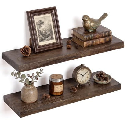 24in Live Edge Solid Elm Floating Shelves, Walnut, Set of 2 - color: Walut Color, size: Live Edge 24 inch, 2Packs