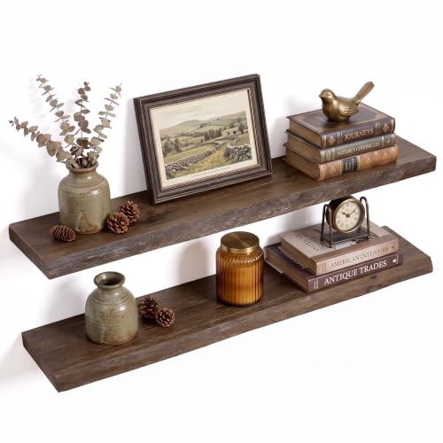 36in Live Edge Solid Elm Floating Shelves, Walnut, Set of 2 - color: Walut Color, size: Live Edge 36 inch, 2Packs
