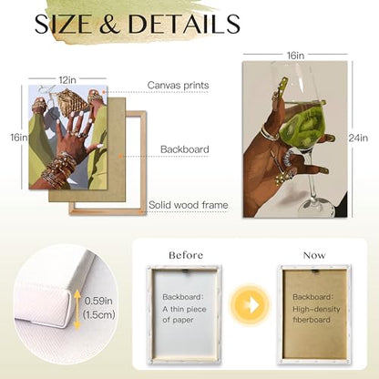 Hianan Wrapped Canvas Fashion Black Woman Wall Art Set of 3, 16x24 in - color: Yellow-Green, size: 24"L x 16"W