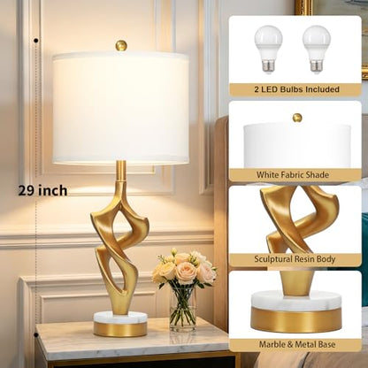 Ruzectt 29" Tall Gold Table Lamps Set of 2 for Living Room, 3 Color Temperatures Bedside Lamps for Bedroom Nightstand, Modern Sculptural Resin Lamp with Marble and Metal Base (2 LED Bulbs Included) - color: White & Gold (2 Pack)