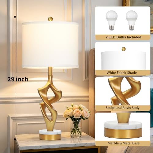 Ruzectt 29" Tall Gold Table Lamps Set of 2 for Living Room, 3 Color Temperatures Bedside Lamps for Bedroom Nightstand, Modern Sculptural Resin Lamp with Marble and Metal Base (2 LED Bulbs Included) - color: White & Gold (2 Pack)