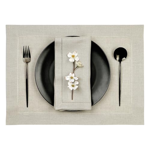 Signature Linen™ by D'Moksha, Natural Placemats Set of 6, 14 x 19 Inch, 100% Pure Linen Table Mats, Hemstitch, Machine Washable Cloth Placemats- Fall, Weddings, Outdoor Hosting - color: Natural, size: Set of 6 (14 X 19 Inch)