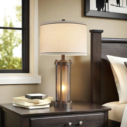 Set of 2 Farmhouse Table Lamps for Living Room with 2 USB Charging Ports - color: Brown
