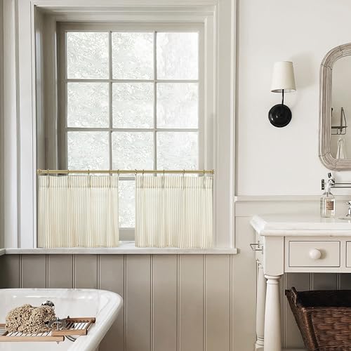 15 Inch Curtains Length,Cafe Striped Linen Farmhouse Sheer Small Window Curtains for Kitchen Bathroom,24 x 15 Inch Long 2 Panels Set - color: Tan, size: 24"W x 15"L (Pack of 2)