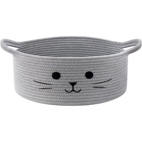 Medium Woven Rope Cat Toy Basket with Cat Face, Grey - color: Gray, size: 13.8"W x 6"H