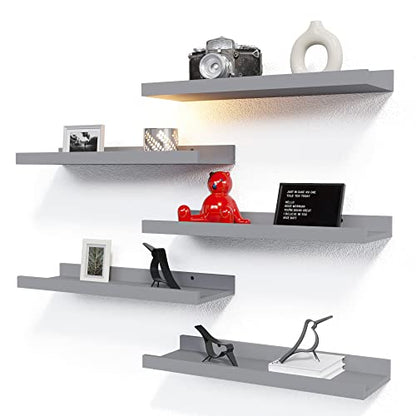 RICHER HOUSE 5-Set Floating Shelves with Lip, Grey Wall Mounted Wood Shelf - color: Grey, size: 16in