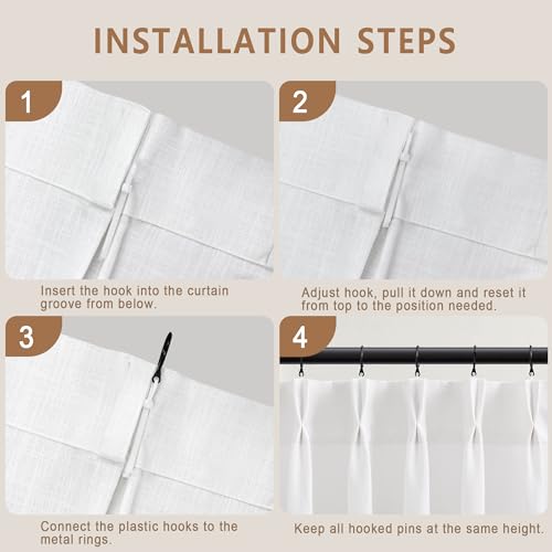 White Linen Pleated Curtains 63 Inch Length for Living Room - color: White, size: 40"W x 63"L (Pack of 2)