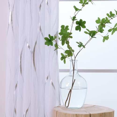 L.Z.E White and Silver Curtains for Living Room, See Through White Sheer Curtains 84 Inches Long 2 Panels Set, Grommet Transparent Window Drapes with Elegant Wave Patterns - color: (Grommet) Silver Waves, size: 54"W x 84"L (Pack of 2)