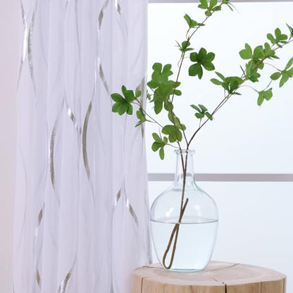 L.Z.E White and Silver Curtains for Living Room, See Through White Sheer Curtains 84 Inches Long 2 Panels Set, Grommet Transparent Window Drapes with Elegant Wave Patterns - color: (Grommet) Silver Waves, size: 54"W x 84"L (Pack of 2)