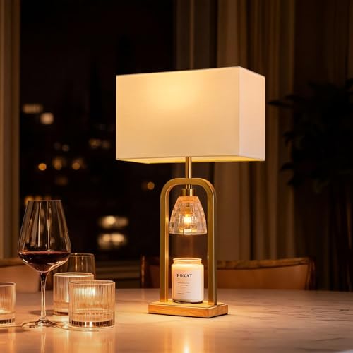 PoKat 2 in 1 Gold Table Lamp with Candle Warmer, Timer & Dimmer, Modern - color: Set of 1 - Brushed Gold With Wood-print Finish