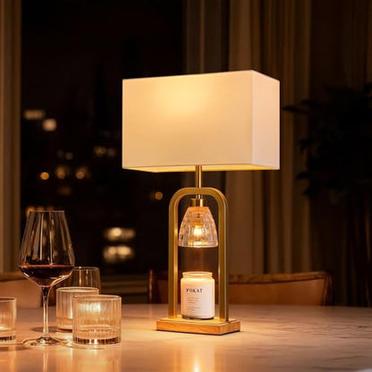 PoKat 2 in 1 Gold Table Lamp with Candle Warmer, Timer & Dimmer, Modern - color: Set of 1 - Brushed Gold With Wood-print Finish