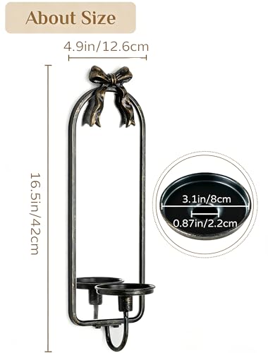 Mirror Wall Candle Sconces Set of 2: Black Metal Frame with Bow - color: Black&gold