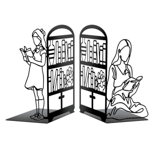 Peacoblue 5.5"x4.3"x8.3" Metal Bookends, Heavy Duty Book Ends for Shelves - style: Book and Reading Girl