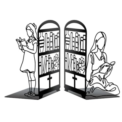 Peacoblue 5.5"x4.3"x8.3" Metal Bookends, Heavy Duty Book Ends for Shelves - style: Book and Reading Girl
