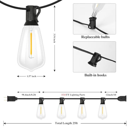 Brightever 25FT Outdoor String Lights 13 Bulbs, Waterproof Patio Lights - color: Black Wire Warm White, size: 25FT