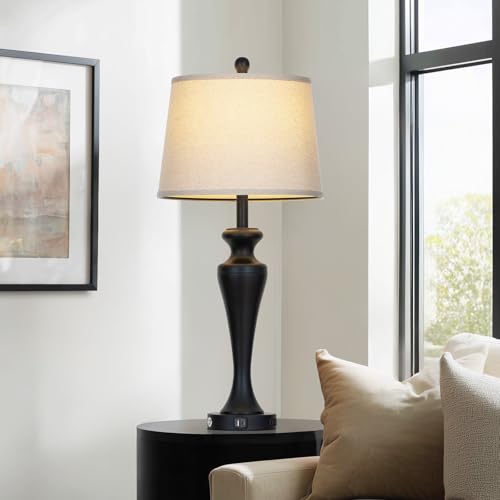 CINSARY 30 Inch Black Table Lamp for Living Room Single, 3-Way Dimmable Touch Control Lamp with USB A+C Ports and AC Outlet, Tall Bedside Lamps, Metal Bedroom Lamps for Nightstand, Bulb Included - color: Black (1 Pack)