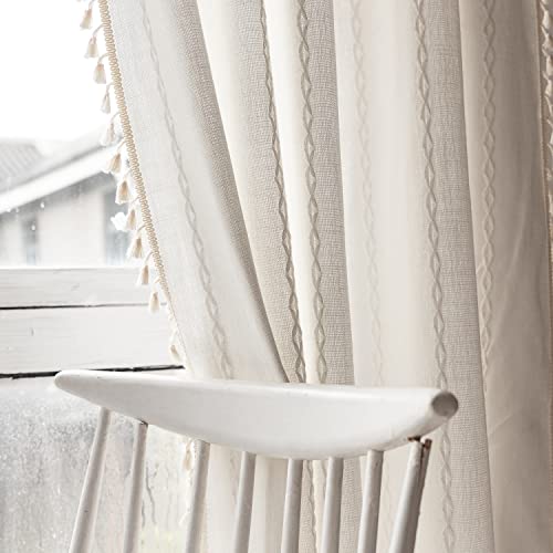 Deeprove White Boho Curtains 96 Inches Long for Nursery Bedroom Christmas Decor, Bohemian Embroidery Cream Weighted Cotton Linen French Country Window Treatments with Tassel, W52 x L96, 1 Panel - color: White, size: 52"W x 96"L (Pack of 1)