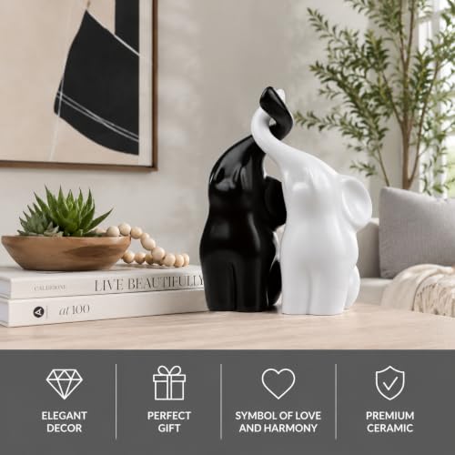 QINJIEJIE Elephant Statue Loving Elephant Gift 14th Anniversary for Couples - color: Black & White