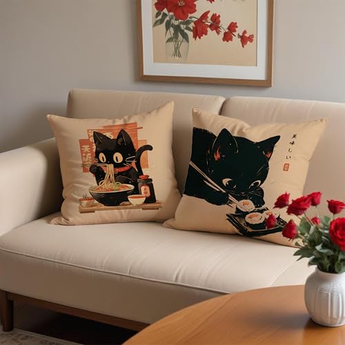 Funny Vintage Black Cat Japanese Sushi Ramen Noodles Pillow Covers 18x18 Set of 2, Aesthetic Black Cat Art Painting Decor Pillow Covers for Room Bedroom - color: Style14