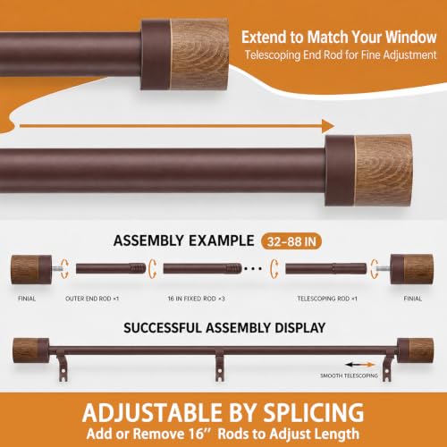 1 Pack Boho Rustic Adjustable Wood Curtain Rod 32-88 Inch, Bronze - color: Bronze, size: 32"-88"|1 PACK