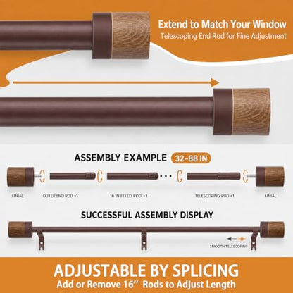 1 Pack Boho Rustic Adjustable Wood Curtain Rod 32-88 Inch, Bronze - color: Bronze, size: 32"-88"|1 PACK