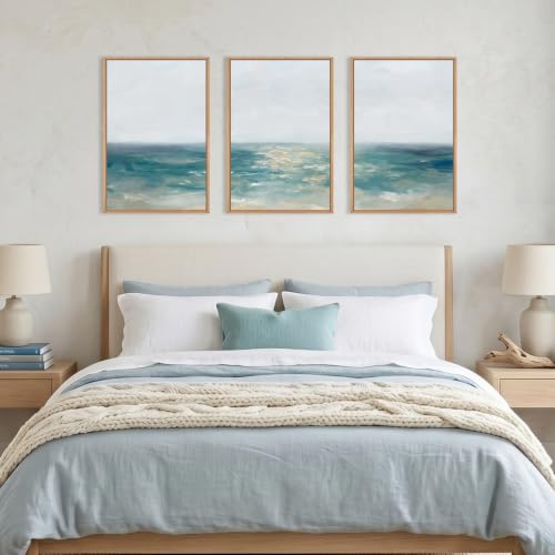 Aurlan Large Abstract Blue Coastal Framed Canvas Wall Art Set-24"x36"x3 - color: Abstract Blue Coastal Wall Art, size: 24"Lx36"W
