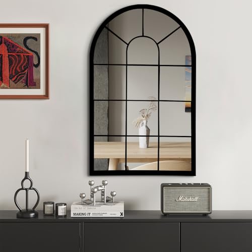 HQiJun Black Arched Window Mirror, Farmhouse Decorative Wall Mirrors for Living Room, Bedroom, Entryway, Bathroom Vanity, Fireplace Mantel, Window Pane Mirror Wall Decor (Black, 31.5 x 20 x1) - color: Black, size: 31.5"L x 20"W