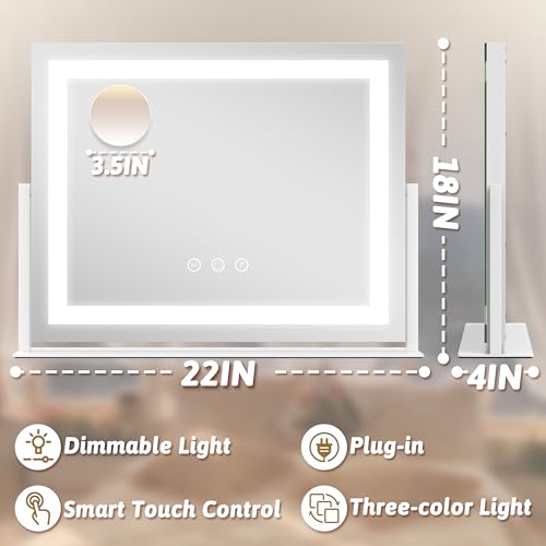 ROLOVE Vanity Mirror with Lights 22"x18", Lighted Makeup Mirror with 10X Magnification, Smart Touch 3 Colors Dimmable, 360° Rotation, Women Gift, Dresser Mount, Bathroom (White) - color: White, size: 22"L x 18"W