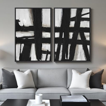 Large Framed Black White Abstract Wall Art for Living Room Set of 2, 24x36 - color: Black Strokes, size: 24" W x 36" H x 2Pcs