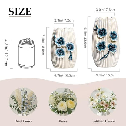 White Flower Vase, Boho Ceramic Vase for Living Room, 9 Inch - color: White and Dark Blue, size: 9 inch
