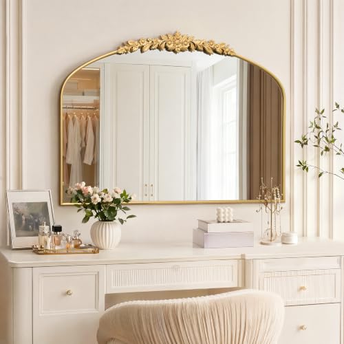 Besdomus Large Gold Arched Mirror: 48"x33" French Baroque Wall Mirror - size: 33"L x 48"W