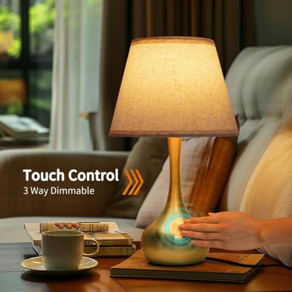 ONEWISH Touch Table Lamp for Bedroom, 3-Way Dimmable Gold Bedside Lamps for Nightstand with Fabric Shade,17.32'' Desk Lamp for Kids Reading, Home Office - color: Beige Linen Mushroom Shade & Gold Base