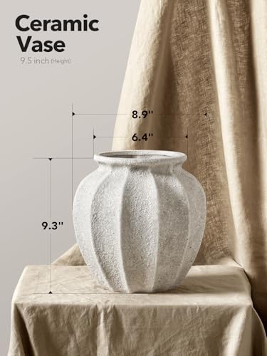 LE TAUCI White Ceramic Vase, 9.3-Inch Textured Flower Vase, Rustic White - color: Distressed White, size: 9.3 inch