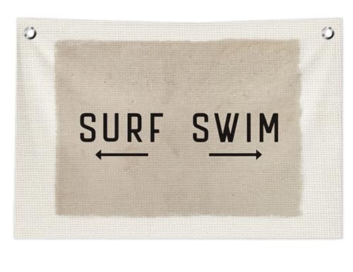 Coastal Wall Decor, 20x30 Inch Vintage "SURF SWIM" Canvas Banner Wall Art, Industrial Coastal Decor for Beach House, Poolside, Bathroom, or Boys Room - color: Surf swim