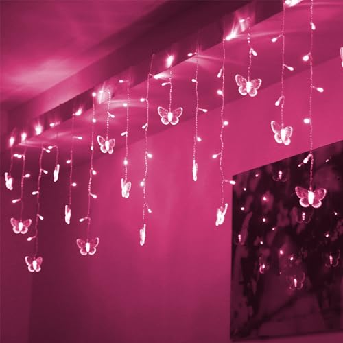 Butterfly Curtain Lights, 4.9ft 48 LED USB Window Fairy Lights 10 Butterflies 8 Modes Firefly Twinkle Timer String Lights with Remote for Room Bedroom Wall Ceiling Party Wedding Christmas - color: Pink, size: 4.9ft