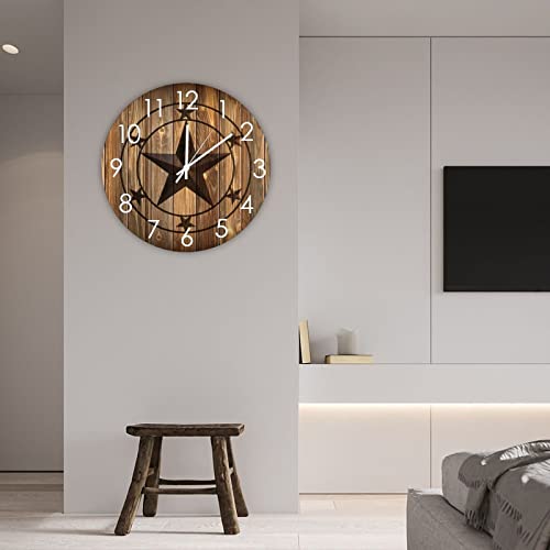 Wall Clock Western Texas Star Silent Battery Operated Bucolic Wood Wall Clock Old Fashioned Western Country Home Decor for Bedroom Living Room Outdoor Study Back Door - size: 15"x15"