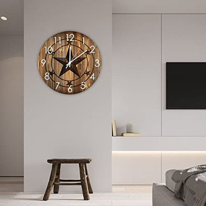 Wall Clock Western Texas Star Silent Battery Operated Bucolic Wood Wall Clock Old Fashioned Western Country Home Decor for Bedroom Living Room Outdoor Study Back Door - size: 15"x15"