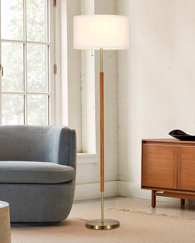 ELYONA Floor Lamp for Bedroom 2-Light Wood Standing Lamp White Fabric Shade Mid Century Modern Tall Pole Corner Light for Living Room Office 3 Color Temperatures 9W LED Bulbs Include, Brushed Brass - color: Brushed Brass