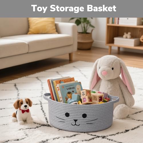 Medium Woven Rope Cat Toy Basket with Cat Face, Grey - color: Gray, size: 13.8"W x 6"H