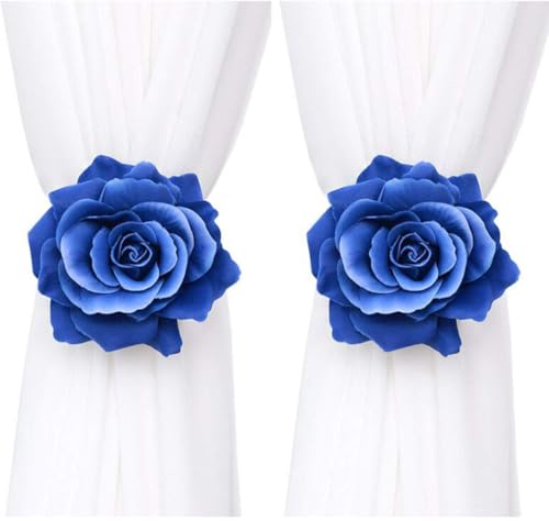Curtain Tiebacks， Rose Magnetic Curtain Holders，Elegant 2 Pack Decorative Rope Holdback Holder, Home Decor Thin or Sheer Window Drapries Bed Canopy (Blue) - color: Blue-2pack