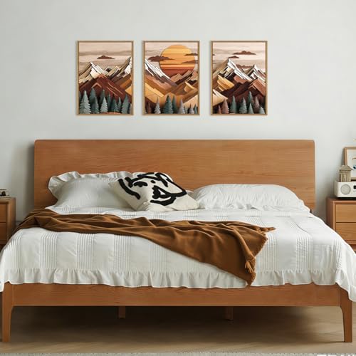 KAIRNE Woodcut Mountain Landscape Framed Canvas Wall Art Set-12"x16"x3 - color: Wood Sun Mountain Wall Art, size: 12"L x 16"W