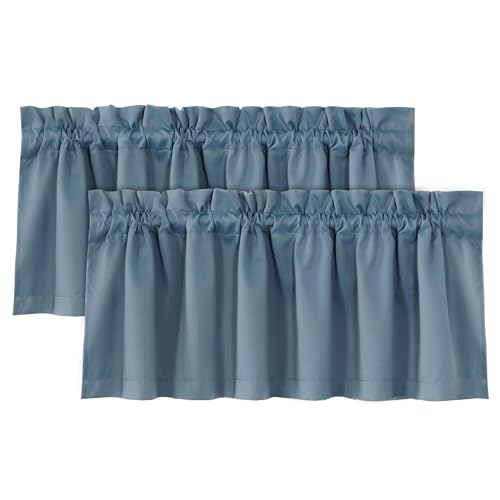 H.VERSAILTEX 100% Blackout Valances for Windows,Short Kitchen Valances and Curtain Set, Privacy Bathroom Tiers for Small Windows, 2 Pairs, 52" x 18", Stone Blue - color: Stone Blue