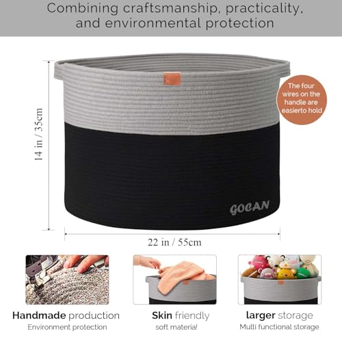Cotton Rope Woven Laundry Basket 22"X 22"X 14" with handles(Black-Grey)XXXL - color: Black/Gery