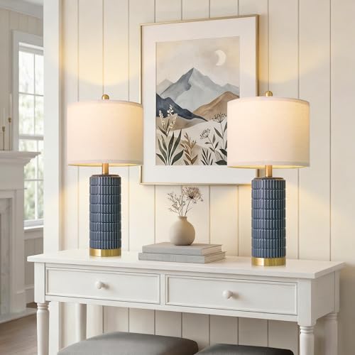 PoKat 25'' Blue Table Lamps for Bedroom Living Room Set of 2, Modern Ceramic Bedside Lamps with Gold Base for Office Sideboard Entryway Side End Table Nightstand Desk Lamps Home Gift (Dark Blue) - color: Dark Blue