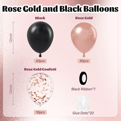 60pcs Rose Gold and Black Balloons 12inch with Rose Gold Confetti Balloons - color: Rose Gold Black