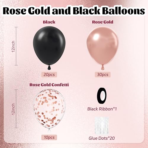 60pcs Rose Gold and Black Balloons 12inch with Rose Gold Confetti Balloons - color: Rose Gold Black