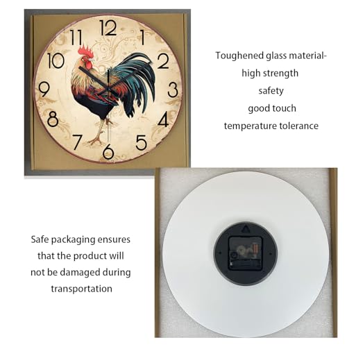 XNM 12 Inch Glass Rooster Wall Clocks Battery Operated - color: Brown Rooster, size: 12 Inch