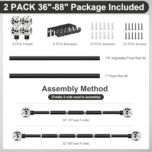 Ceramic Black Curtain Rods 2 Pack for Windows 16 to 88 Inches - color: Ceramic Black, size: 16"-88"|2 Pack